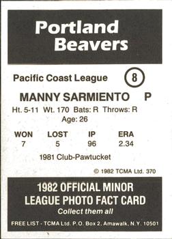 1982 TCMA Portland Beavers #8 Manny Sarmiento Back