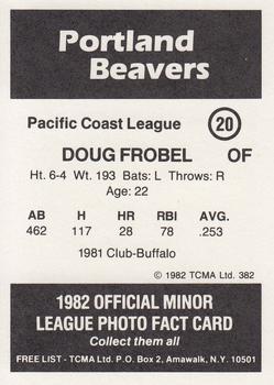 1982 TCMA Portland Beavers #20 Doug Frobel Back