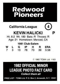1982 TCMA Redwood Pioneers #4 Kevin Halicki Back