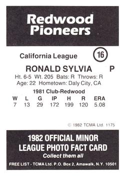 1982 TCMA Redwood Pioneers #16 Ron Sylvia Back