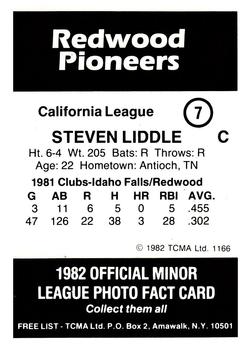 1982 TCMA Redwood Pioneers #7 Steve Liddle Back