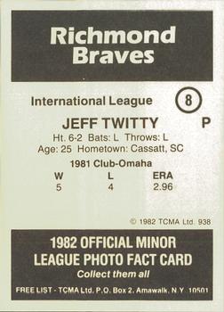 1982 TCMA Richmond Braves #8 Jeff Twitty Back