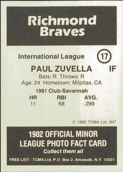 1982 TCMA Richmond Braves #17 Paul Zuvella Back