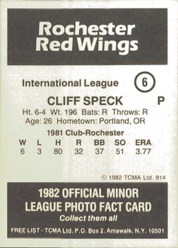 1982 TCMA Rochester Red Wings #6 Cliff Speck Back