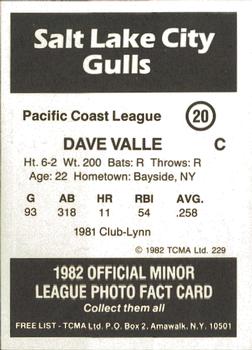 1982 TCMA Salt Lake City Gulls #20 Dave Valle Back