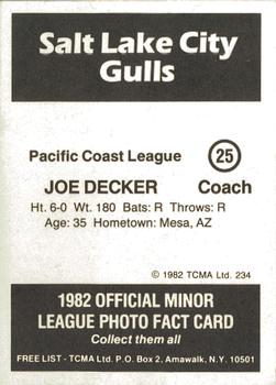 1982 TCMA Salt Lake City Gulls #25 Joe Decker Back