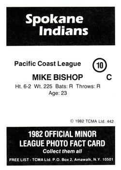 1982 TCMA Spokane Indians #10 Mike Bishop Back