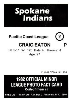 1982 TCMA Spokane Indians #2 Craig Eaton Back