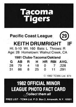 1982 TCMA Tacoma Tigers #29 Keith Drumright Back