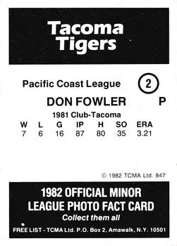 1982 TCMA Tacoma Tigers #2 Don Fowler Back