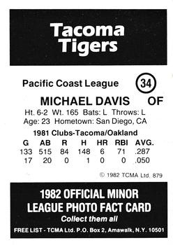 1982 TCMA Tacoma Tigers #34 Mike Davis Back