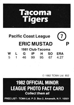 1982 TCMA Tacoma Tigers #7 Eric Mustad Back