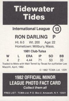 1982 TCMA Tidewater Tides #13 Ron Darling Back