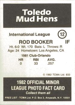 1982 TCMA Toledo Mud Hens #12 Rod Booker Back