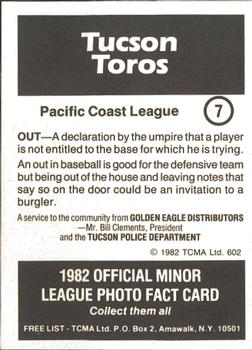 1982 TCMA Tucson Toros #7 Billy Doran Back