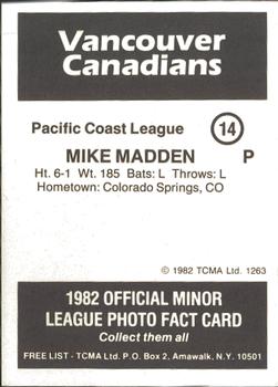 1982 TCMA Vancouver Canadians #14 Mike Madden Back