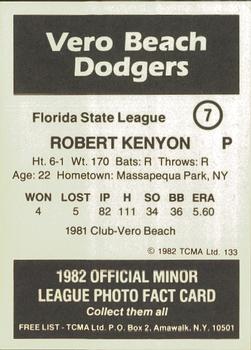 1982 TCMA Vero Beach Dodgers #7 Robert Kenyon Back