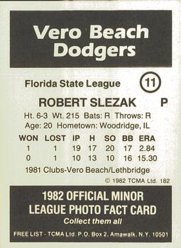 1982 TCMA Vero Beach Dodgers #11 Robert Slezak Back