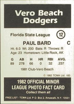 1982 TCMA Vero Beach Dodgers #12 Paul Bard Back