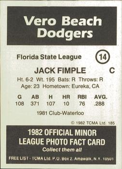 1982 TCMA Vero Beach Dodgers #14 Jack Fimple Back