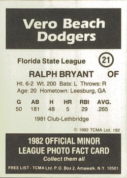 1982 TCMA Vero Beach Dodgers #21 Ralph Bryant Back