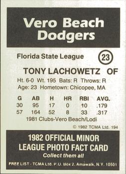 1982 TCMA Vero Beach Dodgers #23 Tony Lachowetz Back
