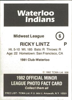 1982 TCMA Waterloo Indians #6 Rickey Lintz Back