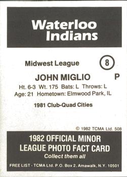 1982 TCMA Waterloo Indians #8 John Miglio Back