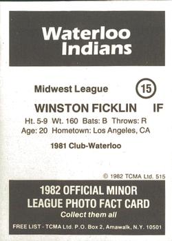 1982 TCMA Waterloo Indians #15 Winston Ficklin Back