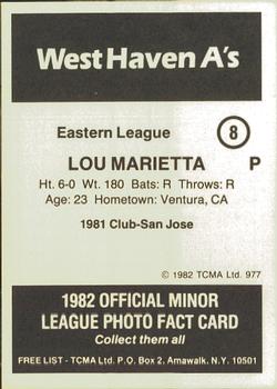 1982 TCMA West Haven A's #8 Lou Marietta Back