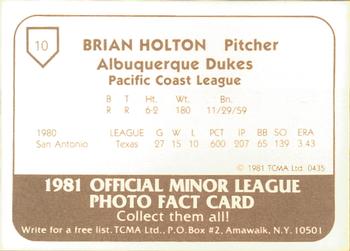 1981 TCMA Albuquerque Dukes #10 Brian Holton Back