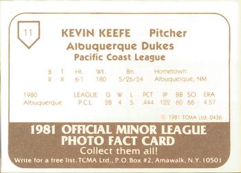1981 TCMA Albuquerque Dukes #11 Kevin Keefe Back