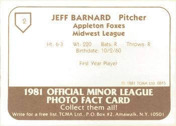 1981 TCMA Appleton Foxes #2 Jeff Barnard Back