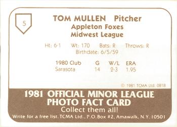 1981 TCMA Appleton Foxes #5 Tom Mullen Back
