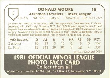 1981 TCMA Arkansas Travelers #3 Donald Moore Back
