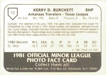 1981 TCMA Arkansas Travelers #10 Kerry Burchett Back