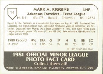 1981 TCMA Arkansas Travelers #14 Mark Riggins Back