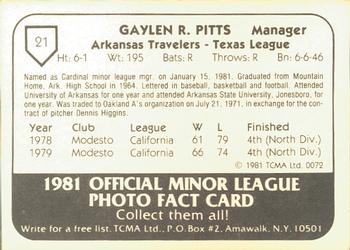 1981 TCMA Arkansas Travelers #21 Gaylen Pitts Back