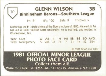 1981 TCMA Birmingham Barons #10 Glenn Wilson Back