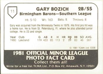 1981 TCMA Birmingham Barons #11 Gary Bozich Back