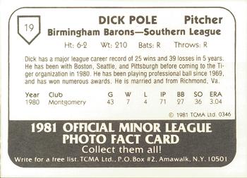 1981 TCMA Birmingham Barons #19 Dick Pole Back