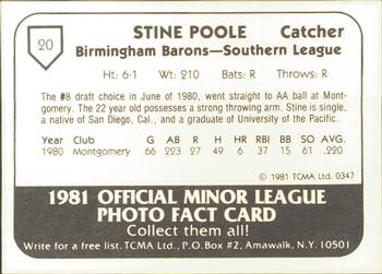 1981 TCMA Birmingham Barons #20 Stine Poole Back
