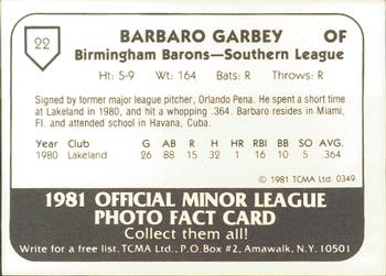 1981 TCMA Birmingham Barons #22 Barbaro Garbey Back