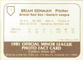 1981 TCMA Bristol Red Sox #7 Brian Denman Back