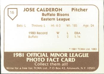 1981 TCMA Buffalo Bisons #16 Jose Calderon Back