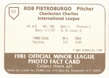 1981 TCMA Charleston Charlies #23 Rob Pietroburgo Back