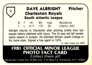 1981 TCMA Charleston Royals #9 Dave Albright Back