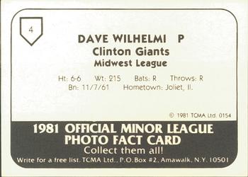 1981 TCMA Clinton Giants #4 Dave Wilhelmi Back