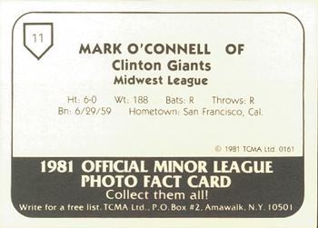 1981 TCMA Clinton Giants #11 Mark O'Connell Back