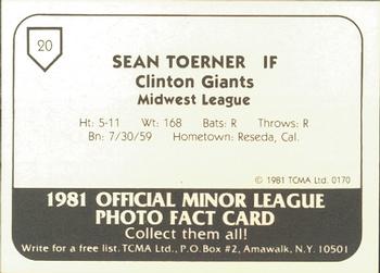 1981 TCMA Clinton Giants #20 Sean Toerner Back